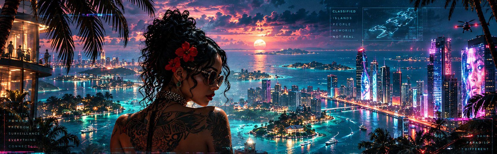 A tattooed woman at an infinity pool above a neon island chain at dusk