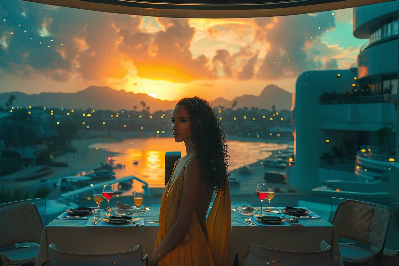 A woman beside a candlelit dinner table overlooking a tropical marina at sunset