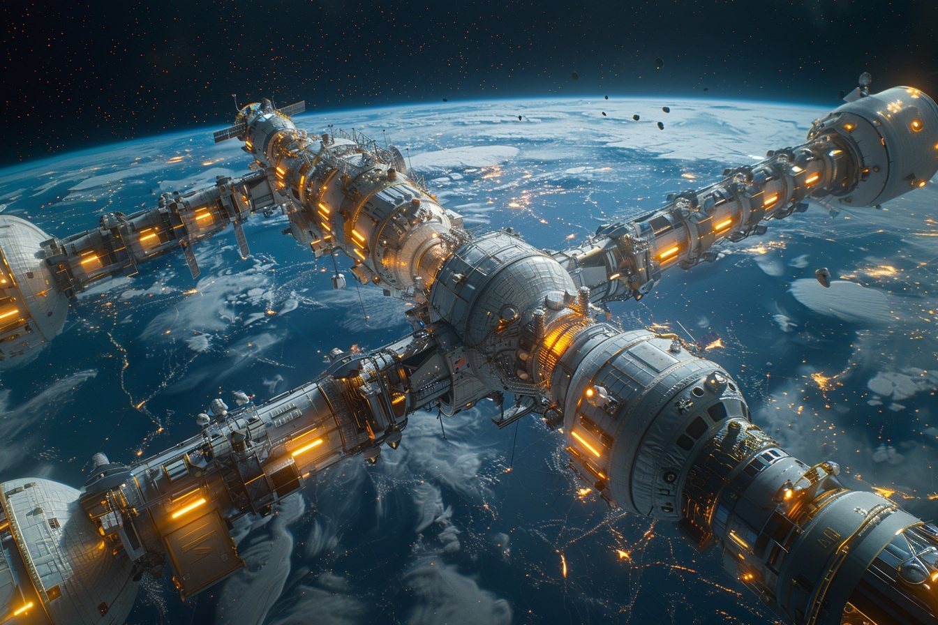 A large multi-arm orbital structure over Earth with amber lights