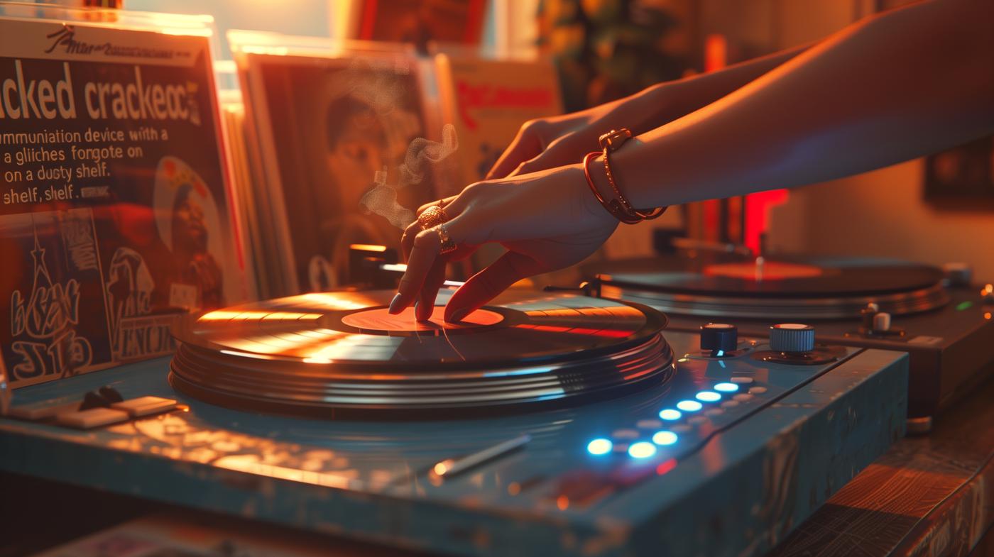 Hands on a turntable in a record shop