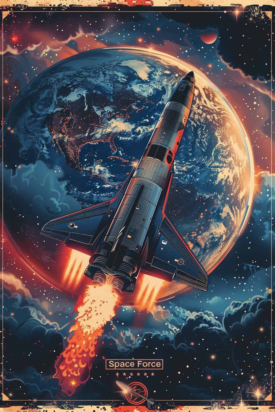 A Space Force recruitment poster: a rocket climbing past the Earth