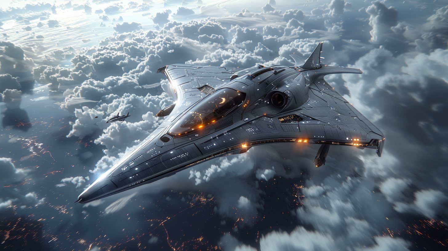 A grey delta-wing stealth craft over clouds with a smaller jet flying escort behind it
