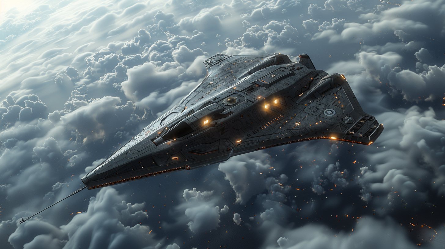 A larger angular craft over clouds trailing a line