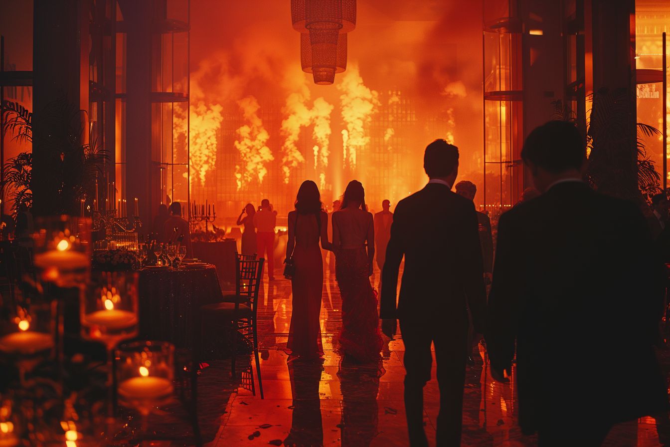 Guests in evening wear walking toward a wall of fire at a gala