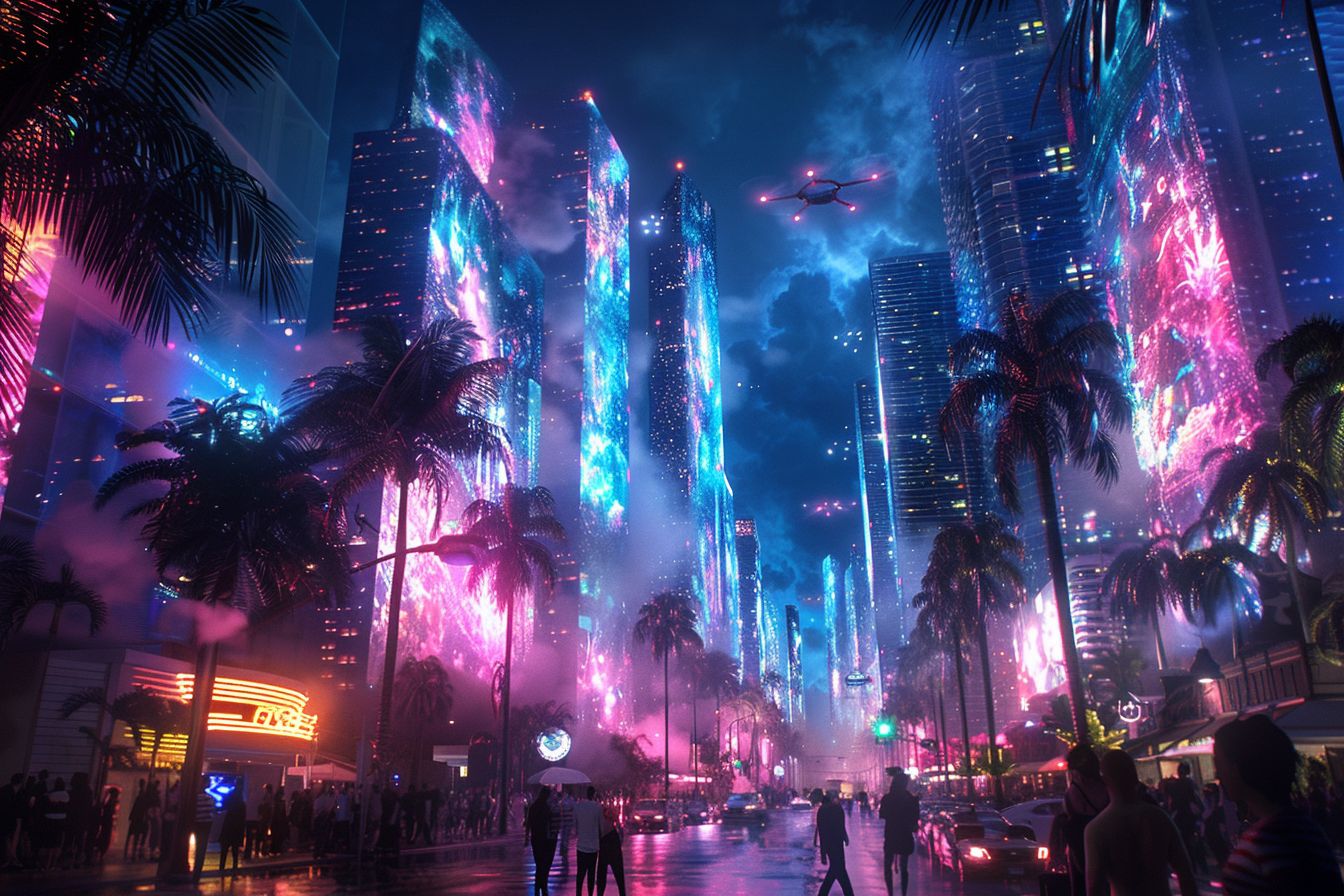 Future Miami: holographic towers, palms and a drone over a crowded street
