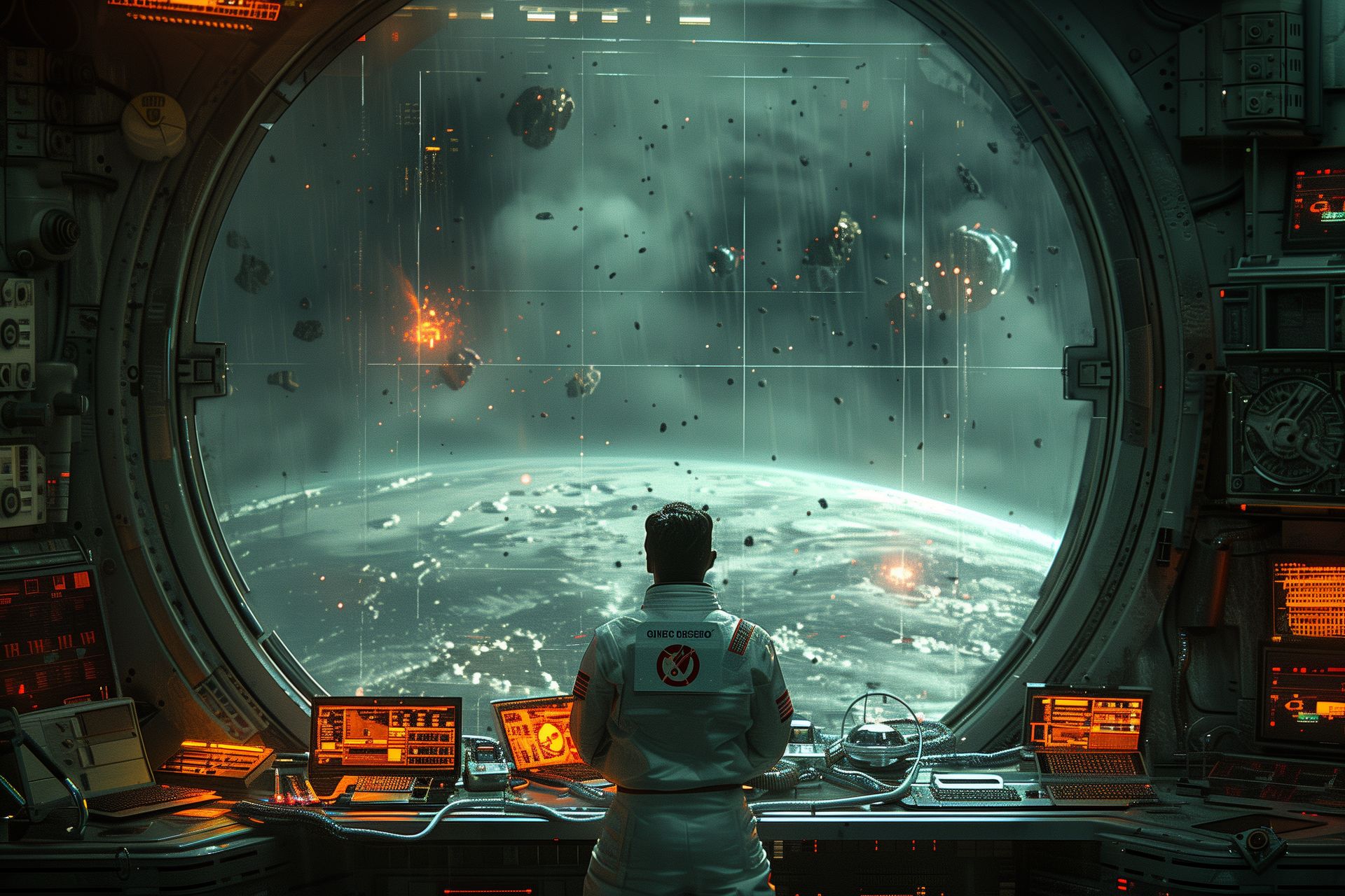 A man in a white flight suit at a round window over Earth